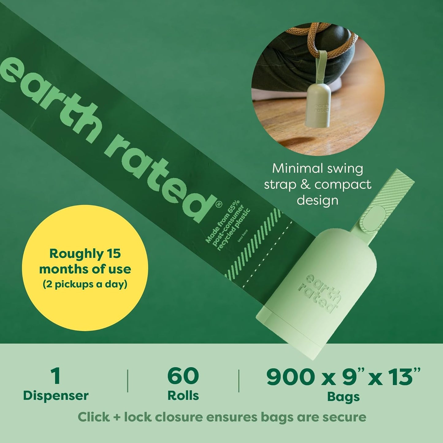 Dog Poo Bags, 900 Extra Thick and Strong Biodegradable Poo Bags for Dogs, Guaranteed Leak-Proof, Lavender-Scented, 60 Rolls, 15 Doggy Bags per Roll, Includes 2 Dispensers for Dog Leads