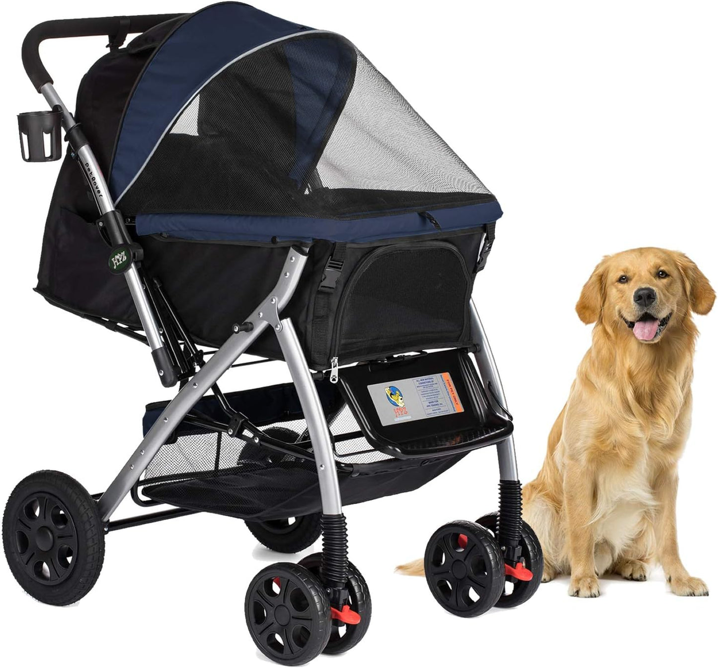 Pet Rover Premium Heavy Duty Dog/Cat/Pet Stroller Travel Carriage with Convertible Compartment/Zipperless Entry/Reversible Handle/Pump-Free Rubber Tires for Small, Medium, Large Pets-Midnight Blue