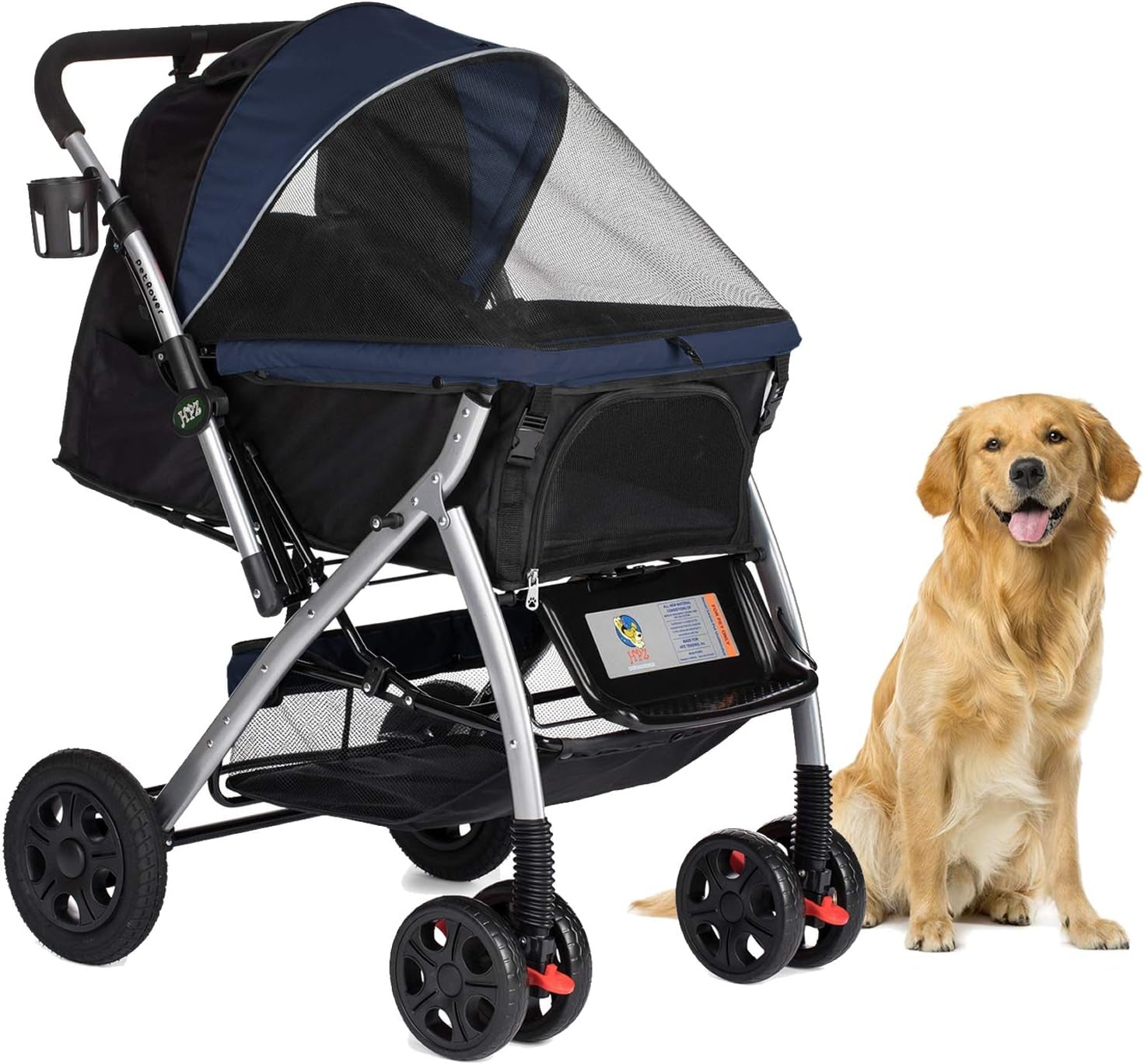Pet Rover Premium Heavy Duty Dog/Cat/Pet Stroller Travel Carriage with Convertible Compartment/Zipperless Entry/Reversible Handle/Pump-Free Rubber Tires for Small, Medium, Large Pets-Midnight Blue
