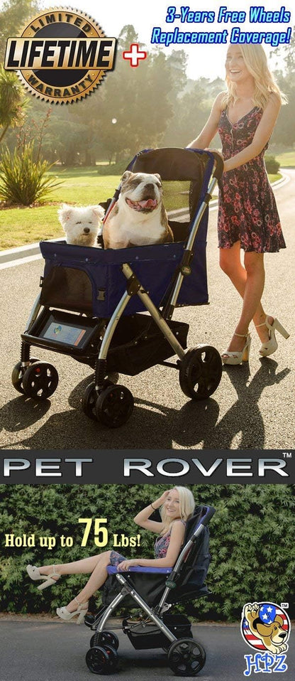 Pet Rover Premium Heavy Duty Dog/Cat/Pet Stroller Travel Carriage with Convertible Compartment/Zipperless Entry/Reversible Handle/Pump-Free Rubber Tires for Small, Medium, Large Pets-Midnight Blue