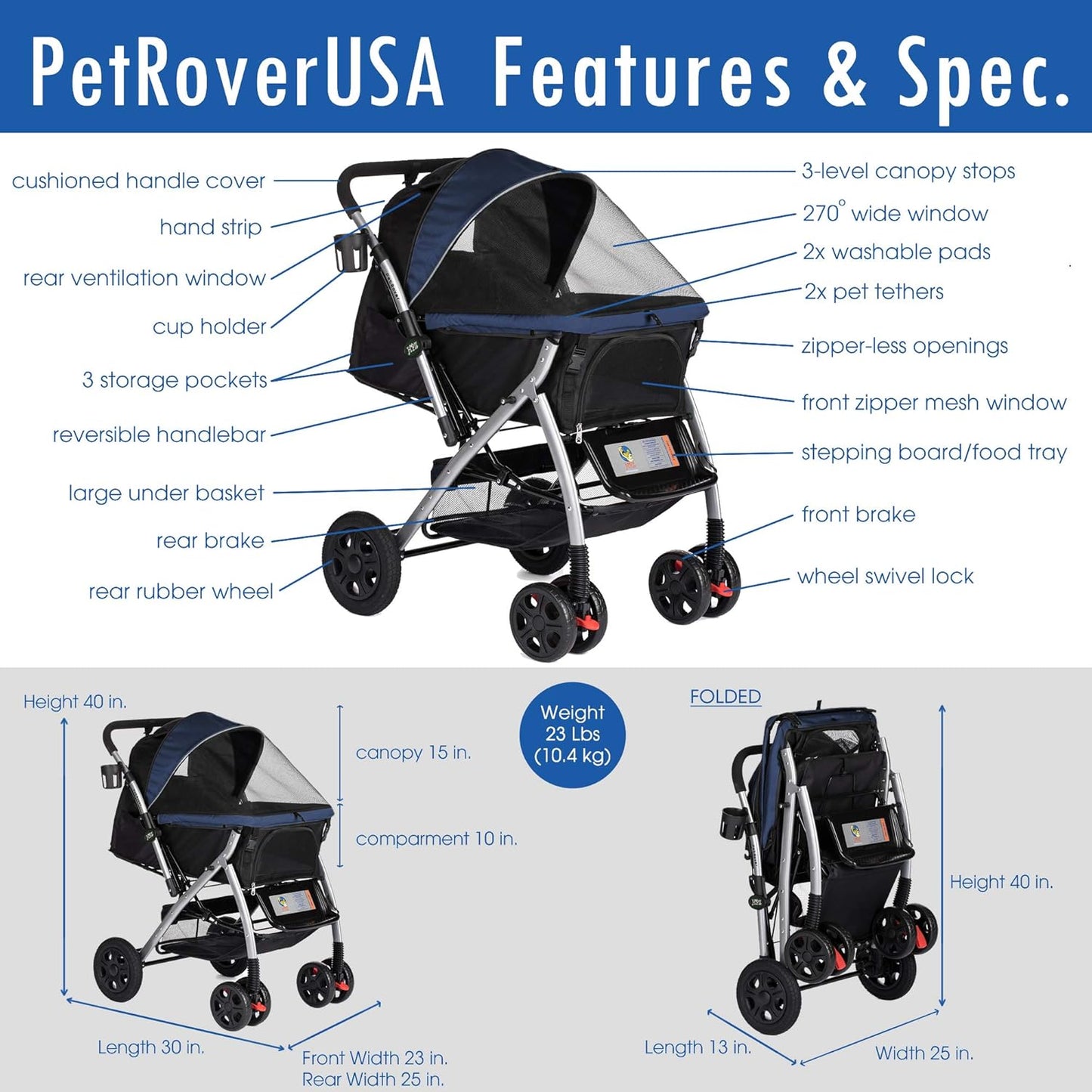Pet Rover Premium Heavy Duty Dog/Cat/Pet Stroller Travel Carriage with Convertible Compartment/Zipperless Entry/Reversible Handle/Pump-Free Rubber Tires for Small, Medium, Large Pets-Midnight Blue