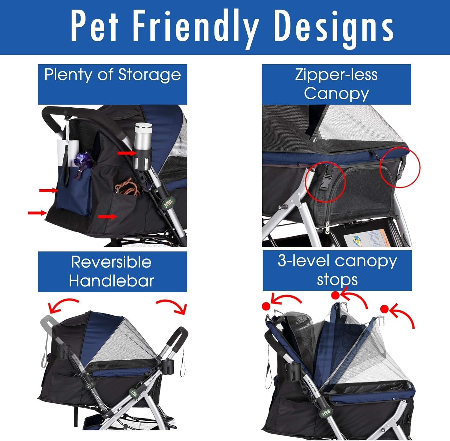 Pet Rover Premium Heavy Duty Dog/Cat/Pet Stroller Travel Carriage with Convertible Compartment/Zipperless Entry/Reversible Handle/Pump-Free Rubber Tires for Small, Medium, Large Pets-Midnight Blue