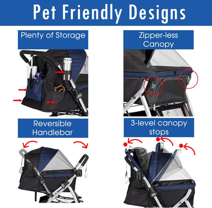 Pet Rover Premium Heavy Duty Dog/Cat/Pet Stroller Travel Carriage with Convertible Compartment/Zipperless Entry/Reversible Handle/Pump-Free Rubber Tires for Small, Medium, Large Pets-Midnight Blue