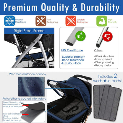 Pet Rover Premium Heavy Duty Dog/Cat/Pet Stroller Travel Carriage with Convertible Compartment/Zipperless Entry/Reversible Handle/Pump-Free Rubber Tires for Small, Medium, Large Pets-Midnight Blue
